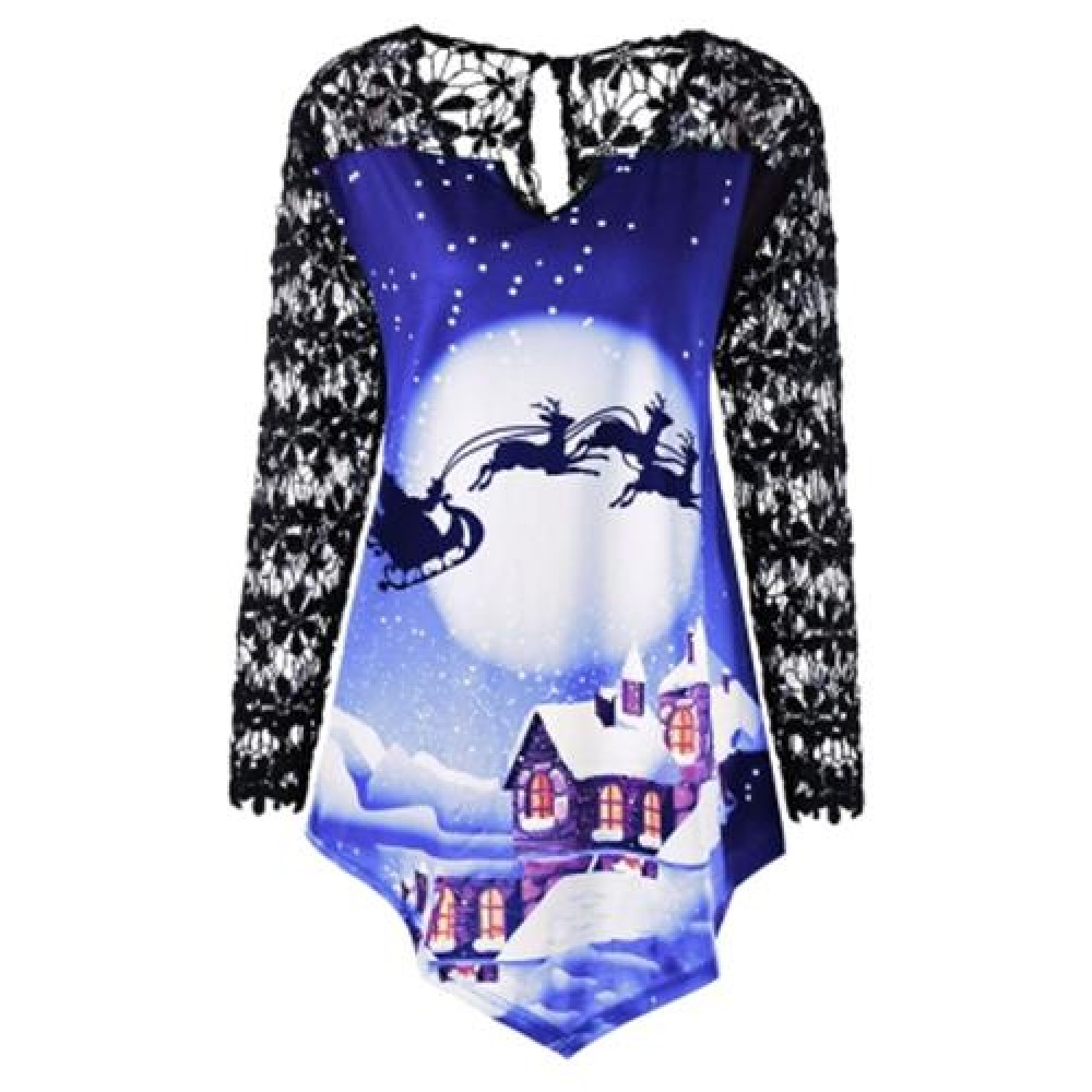 CHRISTMAS PLUS SIZE LACE YOKE TUNIC TOP (BLUE)