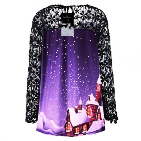 CHRISTMAS PLUS SIZE LACE YOKE TUNIC TOP (PURPLE)