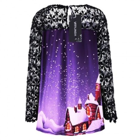 CHRISTMAS PLUS SIZE LACE YOKE TUNIC TOP (PURPLE)