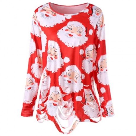 PLUS SIZE SANTA CLAUS PRINT RIPPED TUNIC T-SHIRT (RED)