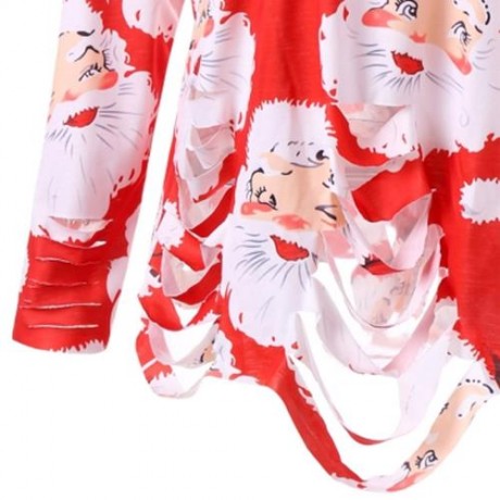 PLUS SIZE SANTA CLAUS PRINT RIPPED TUNIC T-SHIRT (RED)