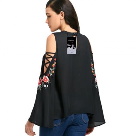 COLD SHOULDER EMBROIDERY FLAREL SLEEVE BLOUSE (BLACK)