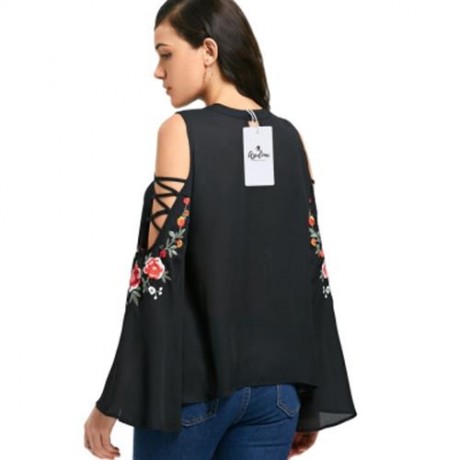 COLD SHOULDER EMBROIDERY FLAREL SLEEVE BLOUSE (BLACK)