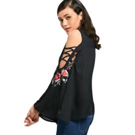 COLD SHOULDER EMBROIDERY FLAREL SLEEVE BLOUSE (BLACK)