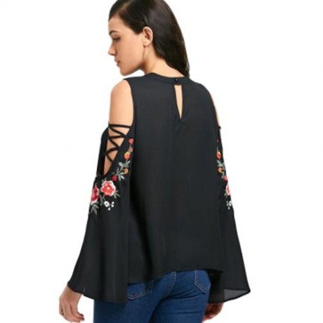 COLD SHOULDER EMBROIDERY FLAREL SLEEVE BLOUSE (BLACK)