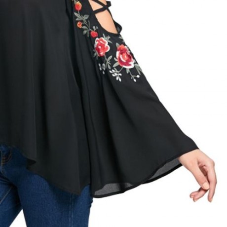 COLD SHOULDER EMBROIDERY FLAREL SLEEVE BLOUSE (BLACK)
