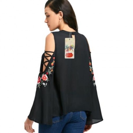 COLD SHOULDER EMBROIDERY FLAREL SLEEVE BLOUSE (BLACK)