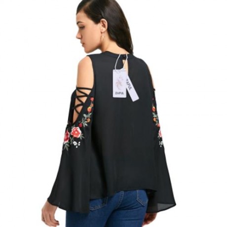 COLD SHOULDER EMBROIDERY FLAREL SLEEVE BLOUSE (BLACK)