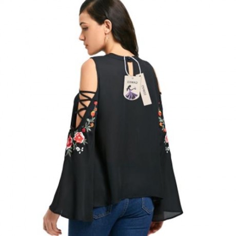 COLD SHOULDER EMBROIDERY FLAREL SLEEVE BLOUSE (BLACK)