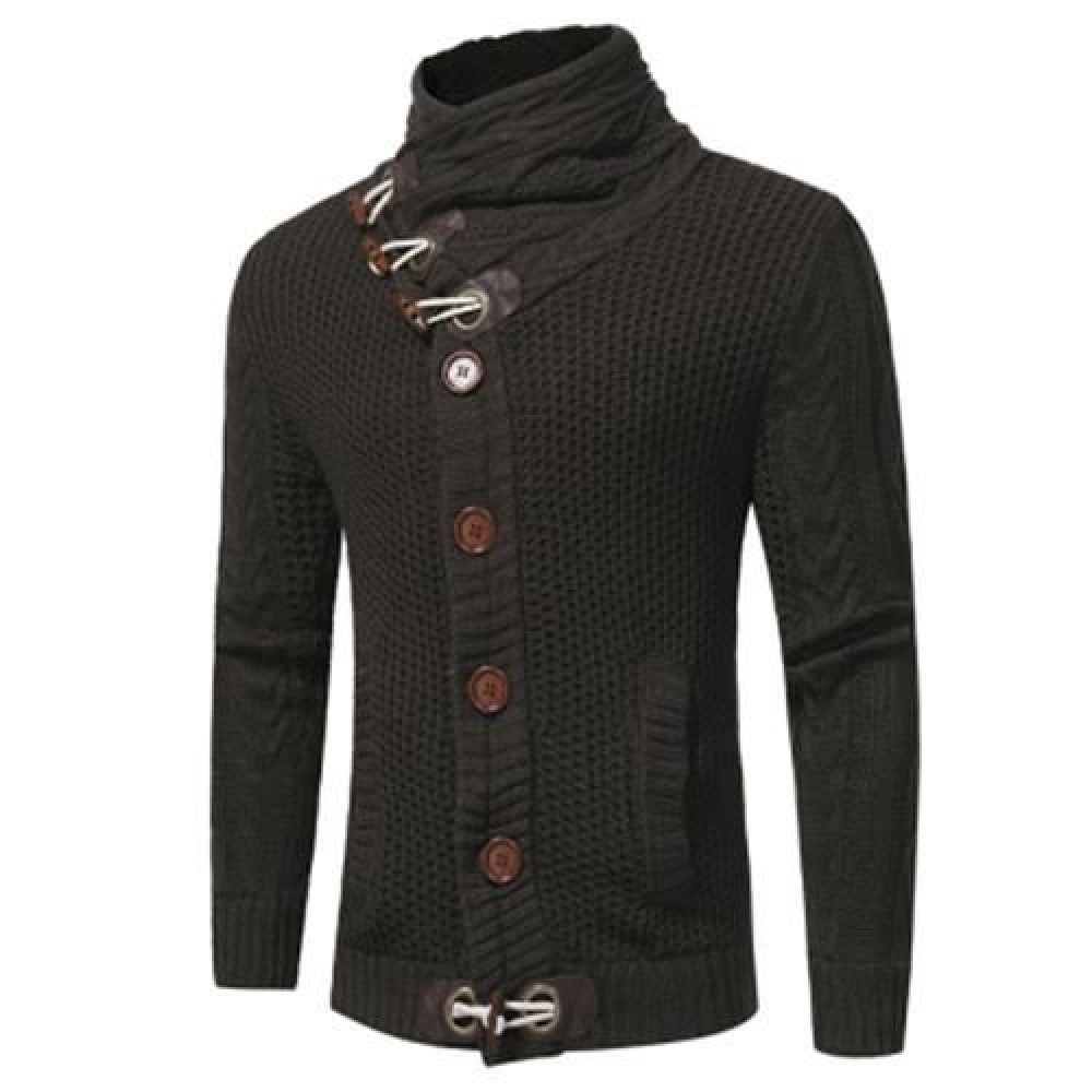 COWL NECK HORN BUTTON SINGLE BREASTED CARDIGAN (DEEP GRAY)