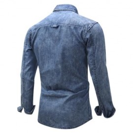 TURNDOWN COLLAR POCKET BLEACHED EFFECT CHAMBRAY SHIRT (DENIM BLUE)