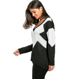 TWO TONE COLOR DEEP V NECK SWEATER (BLACK WHITE)