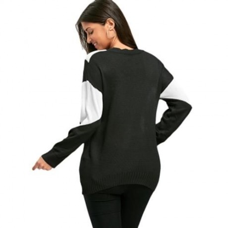 TWO TONE COLOR DEEP V NECK SWEATER (BLACK WHITE)