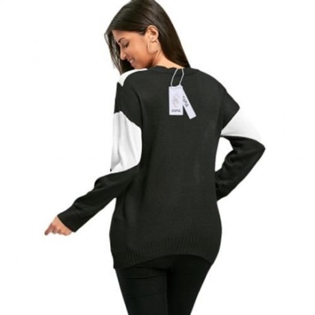 TWO TONE COLOR DEEP V NECK SWEATER (BLACK WHITE)