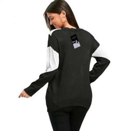 TWO TONE COLOR DEEP V NECK SWEATER (BLACK WHITE)