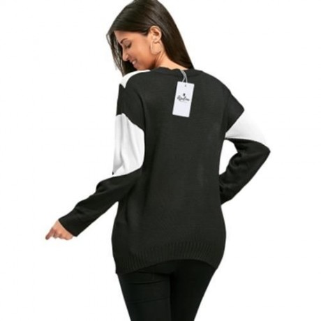 TWO TONE COLOR DEEP V NECK SWEATER (BLACK WHITE)