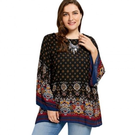 PLUS SIZE BELL SLEEVE TRIBE PRINT BLOUSE (BLACK)