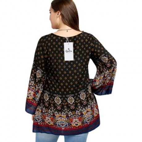 PLUS SIZE BELL SLEEVE TRIBE PRINT BLOUSE (BLACK)
