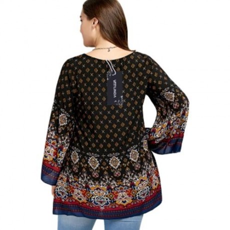 PLUS SIZE BELL SLEEVE TRIBE PRINT BLOUSE (BLACK)