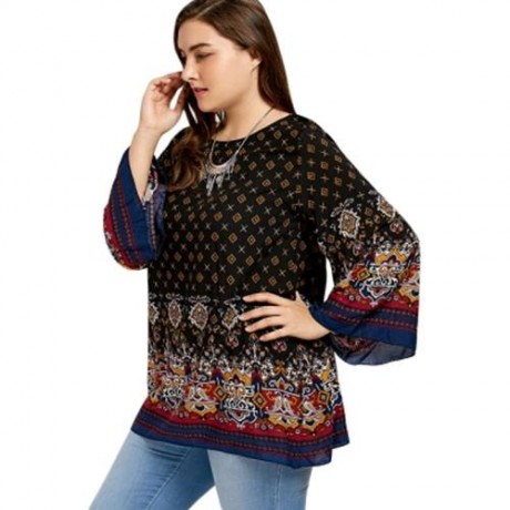 PLUS SIZE BELL SLEEVE TRIBE PRINT BLOUSE (BLACK)