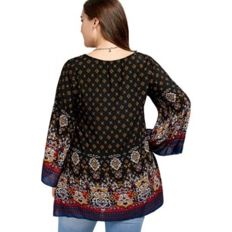 PLUS SIZE BELL SLEEVE TRIBE PRINT BLOUSE (BLACK)