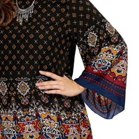 PLUS SIZE BELL SLEEVE TRIBE PRINT BLOUSE (BLACK)