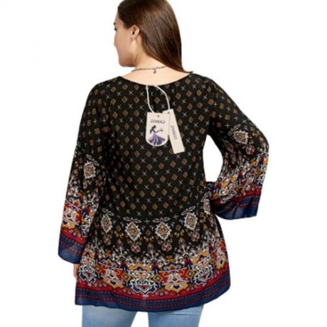PLUS SIZE BELL SLEEVE TRIBE PRINT BLOUSE (BLACK)