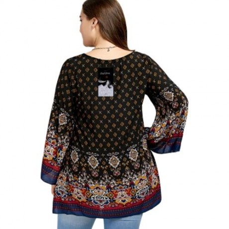 PLUS SIZE BELL SLEEVE TRIBE PRINT BLOUSE (BLACK)