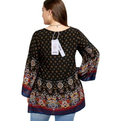 PLUS SIZE BELL SLEEVE TRIBE PRINT BLOUSE (BLACK)