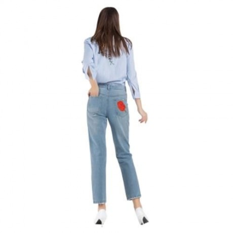 HIGH WAIST RIPPED EMBROIDERED WOMEN JEANS DENIM PANTS (LIGHT BLUE)
