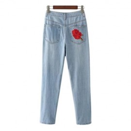 HIGH WAIST RIPPED EMBROIDERED WOMEN JEANS DENIM PANTS (LIGHT BLUE)