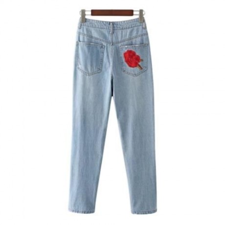 HIGH WAIST RIPPED EMBROIDERED WOMEN JEANS DENIM PANTS (LIGHT BLUE)