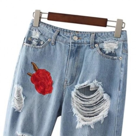 HIGH WAIST RIPPED EMBROIDERED WOMEN JEANS DENIM PANTS (LIGHT BLUE)