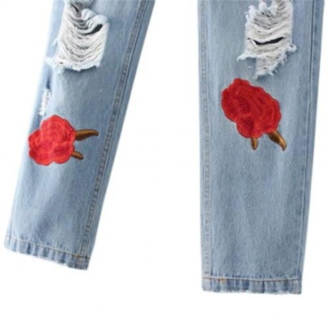 HIGH WAIST RIPPED EMBROIDERED WOMEN JEANS DENIM PANTS (LIGHT BLUE)