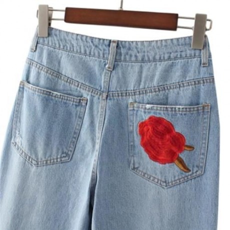 HIGH WAIST RIPPED EMBROIDERED WOMEN JEANS DENIM PANTS (LIGHT BLUE)