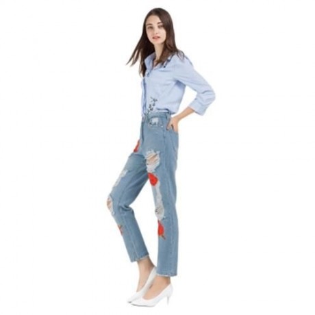 HIGH WAIST RIPPED EMBROIDERED WOMEN JEANS DENIM PANTS (LIGHT BLUE)