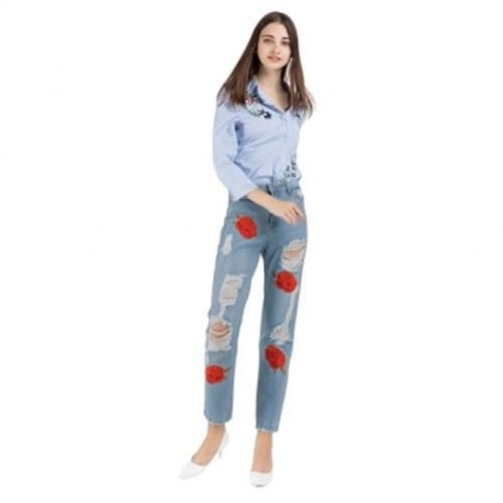 HIGH WAIST RIPPED EMBROIDERED WOMEN JEANS DENIM PANTS (LIGHT BLUE)