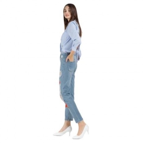 HIGH WAIST RIPPED EMBROIDERED WOMEN JEANS DENIM PANTS (LIGHT BLUE)