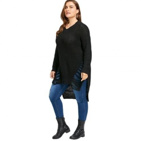 PLUS SIZE DISTRESSED HIGH LOW LONGLINE SWEATER (BLACK)