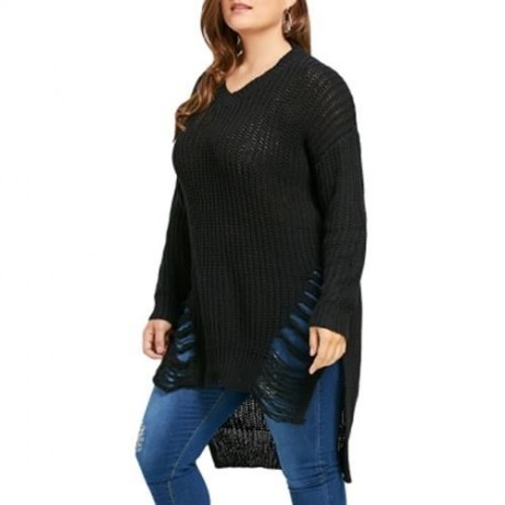 PLUS SIZE DISTRESSED HIGH LOW LONGLINE SWEATER (BLACK)