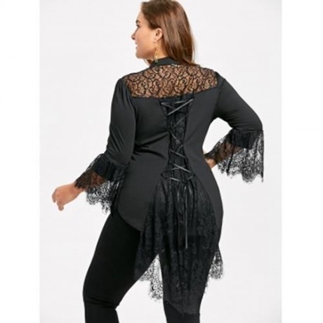PLUS SIZE LACE TRIM DIP HEM BLOUSE (BLACK)