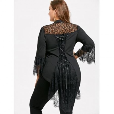 PLUS SIZE LACE TRIM DIP HEM BLOUSE (BLACK)