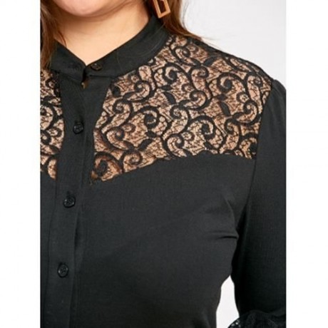 PLUS SIZE LACE TRIM DIP HEM BLOUSE (BLACK)