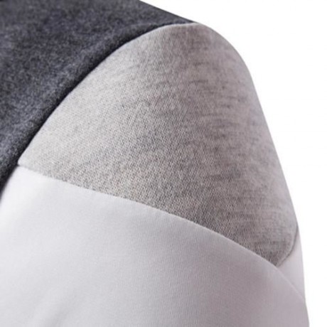 HOODED COLOR BLOCK PANEL FLEECE ZIP UP HOODIE (LIGHT GRAY)