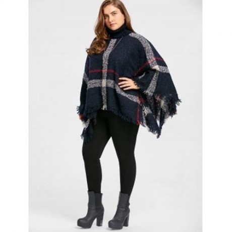 PRINT TURTLENECK PLUS SIZE CAPE SWEATER (BLUE)