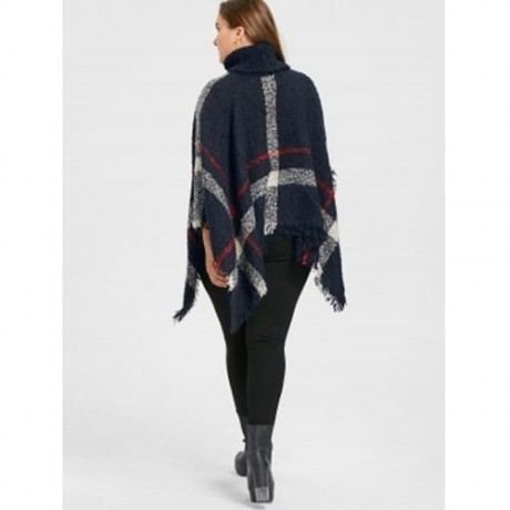 PRINT TURTLENECK PLUS SIZE CAPE SWEATER (BLUE)