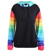 PLUS SIZE RAINBOW STRIPE RAGLAN SLEEVE KANGAROO HOODIE (BLACK)