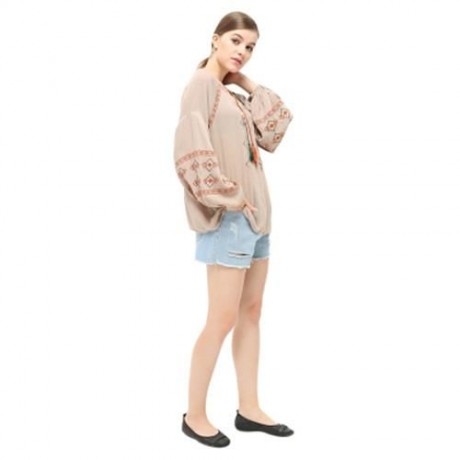 STYLISH ROUND COLLAR LANTERN SLEEVE EMBROIDERY WOMEN BLOUSE (KHAKI)