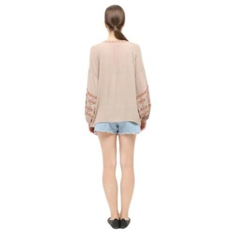 STYLISH ROUND COLLAR LANTERN SLEEVE EMBROIDERY WOMEN BLOUSE (KHAKI)