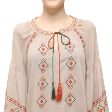 STYLISH ROUND COLLAR LANTERN SLEEVE EMBROIDERY WOMEN BLOUSE (KHAKI)